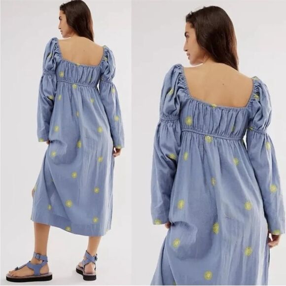 Free People NWT Emory Embroidered Maxi Dress size M in the color blue and yellow - Picture 3 of 9
